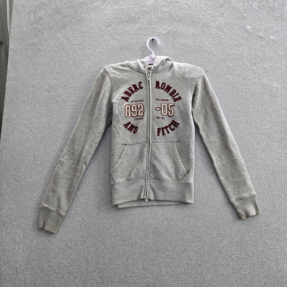 Abercrombie Women Hoodie S Gray Embroidered Fleece Lettering Patch Logo Y2K